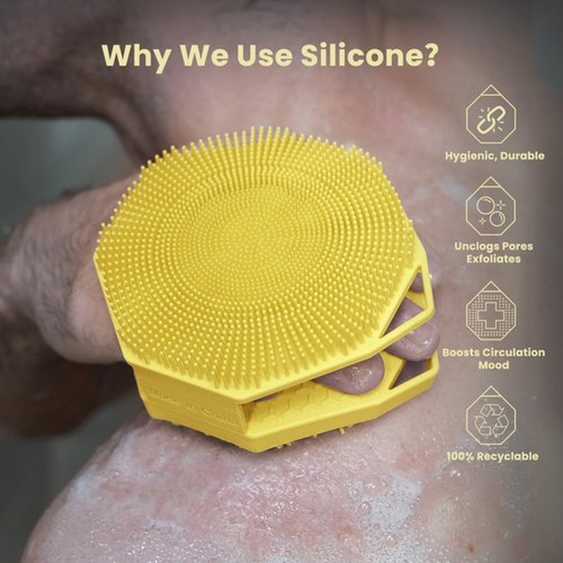 iTokGoK® Premium Silver-Infused Double-Sided Design 2-in-1 Silicone Body Scrubber for Men,Body Buffer Scrubber for Sensitive Skin, Ergonomic No-Slip Handle, Long-Lasting & Easy to Clean - Yellow