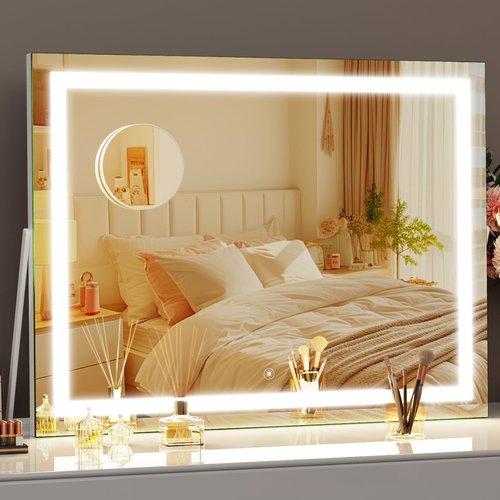 Gvnkvn Ligheted Vanity Mirror with Lights, 14" x 12" LED Makeup Mirror, 3 Modes Light, Smart Touch Control Dimmable, 360°Rotation, Rectangle White Frame