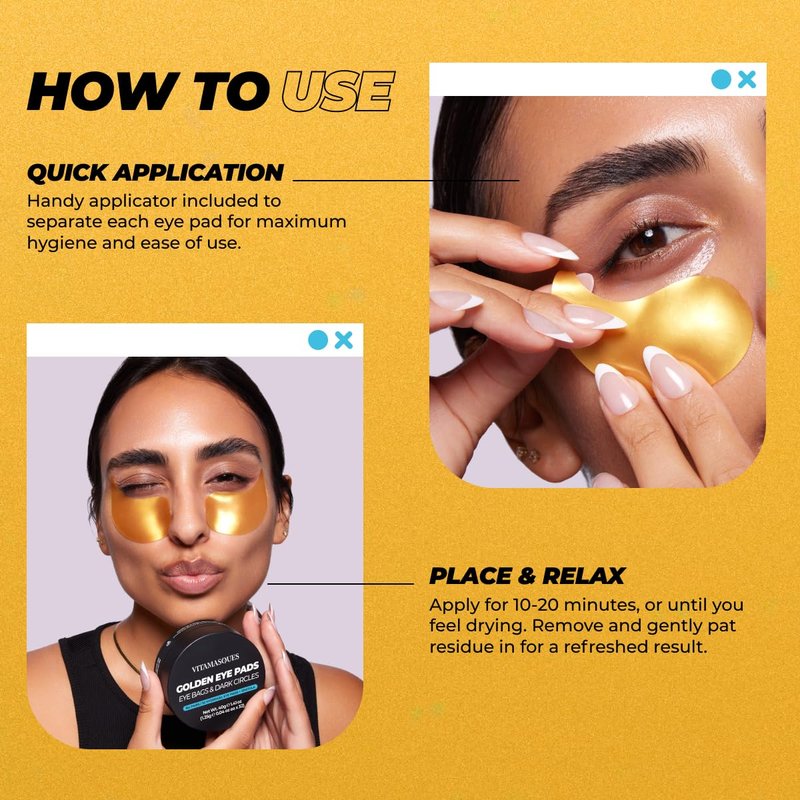 Golden Hydrogel Eye Pads for Puffy Eyes & Dark Circles - Refresh in 15 Minutes | 32 Pairs (64 Pads)