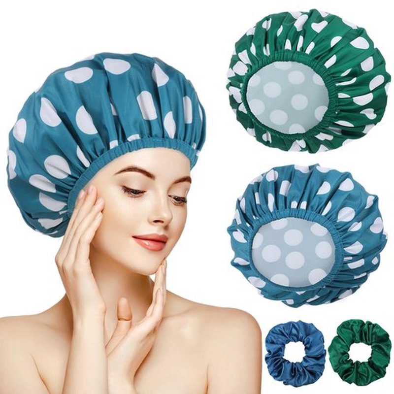 2 Sets Large Shower Caps for Women, Waterproof Shower Cap Double Layers Bath Caps Stocking Stuffers for Women Long Thick Hair (Blue/Green)