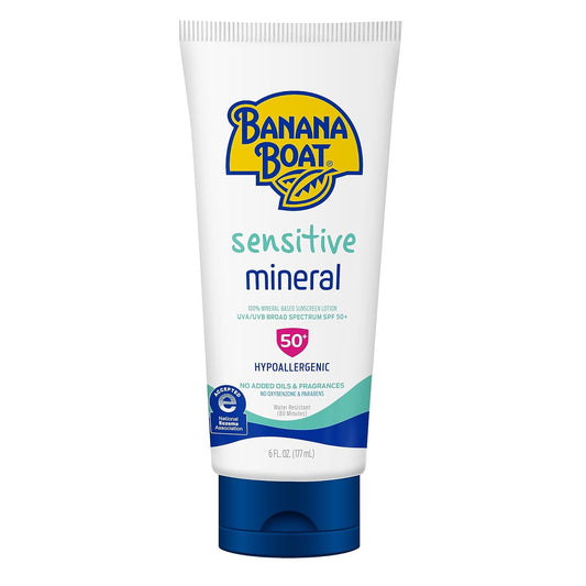 Banana Boat Sensitive 100% Mineral Sunscreen Lotion SPF 50 Twin Pack | Body Sunscreen, Sensitive Skin Sunblock, Oxybenzone Free Sunscreen, Banana Boat Mineral Sunscreen SPF 50, 6oz each