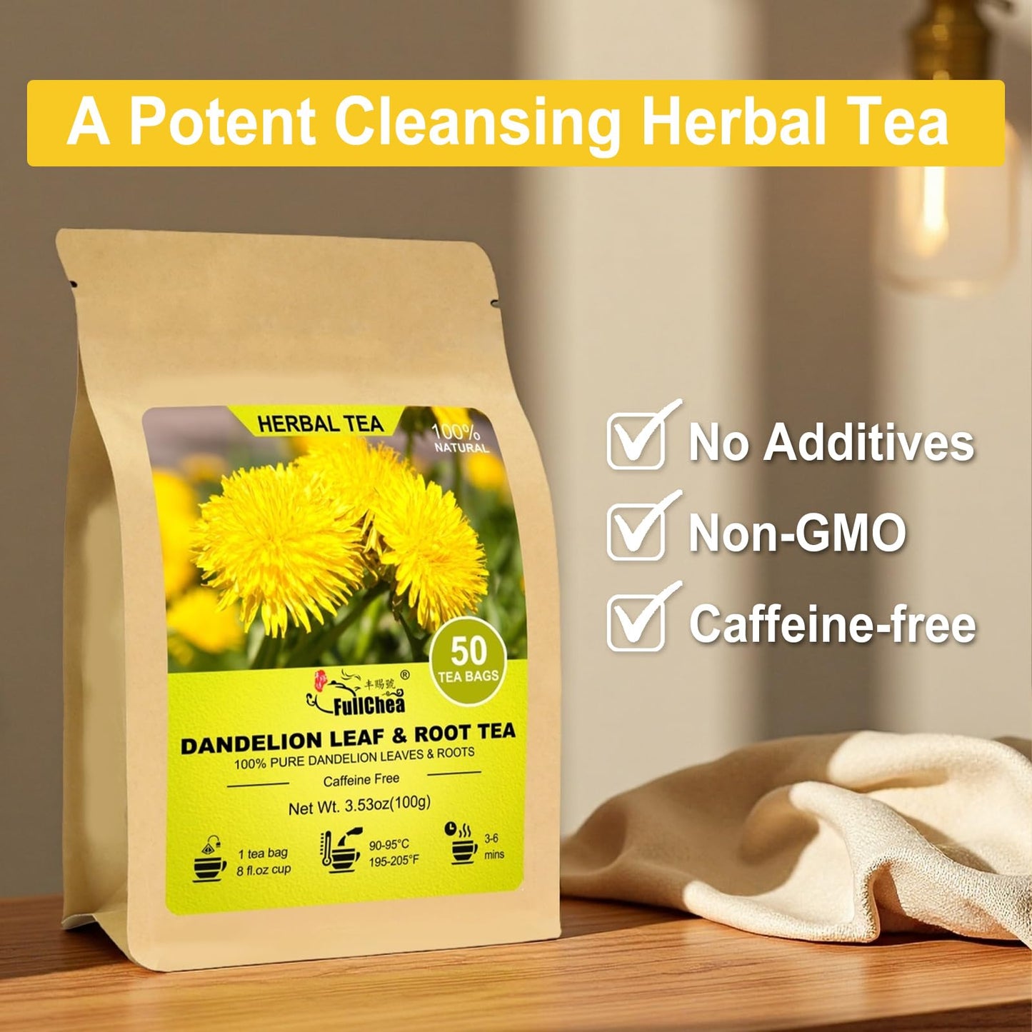 FullChea - Dandelion Leaf & Root Tea Bags, 50 Teabags, 2g/bag - Natural Dandelion Herbal Tea for Liver & Kidney Health - Non-GMO - Caffeine-free - Support Digestion & Boost Immune System