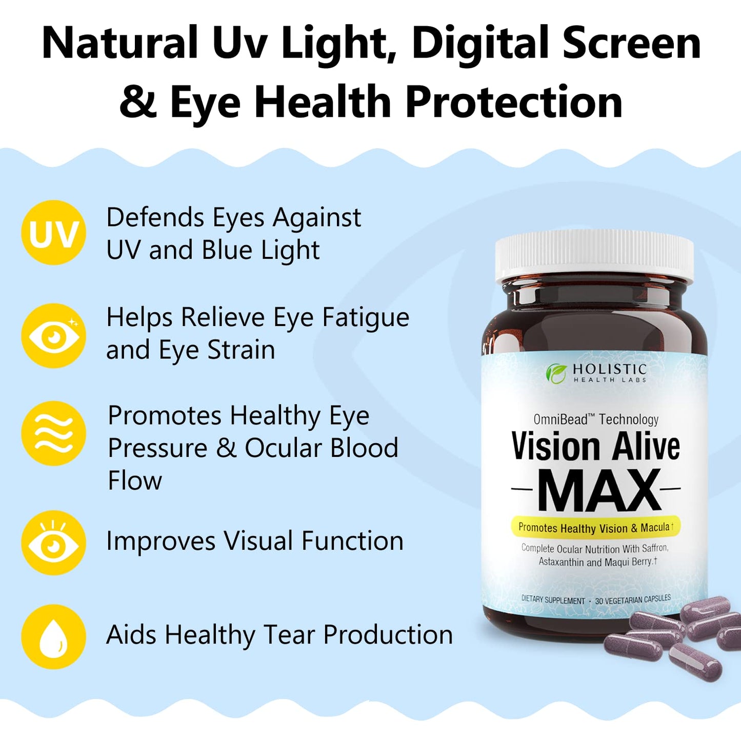 Holistic Health Labs Vision Alive Max with 8 Natural Ingredients Lutemax® 2020, Bilberries, Blueberries, c3g from Black Currant, Maqui Berry, Saffron, and Astaxanthin (30 Count (Pack of 1))