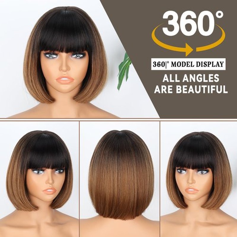 WERD Short Brown Bob Wigs for Women Light Brown Bob Wigs with Bangs 10Inch Synthetic Hair Brown Bob Highlight Wig for Daily Use Cosplay