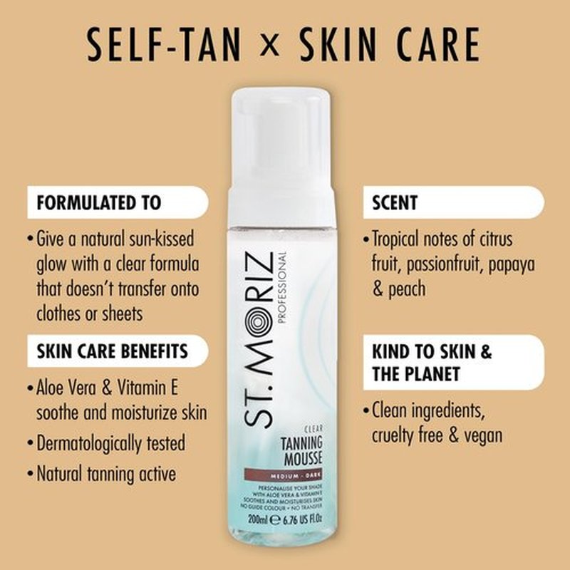 St Moriz Professional Clear Tanning Mousse with Aloe Vera & Vitamin E, Fast Drying Vegan Fake Tan, Medium to Dark (200ml)