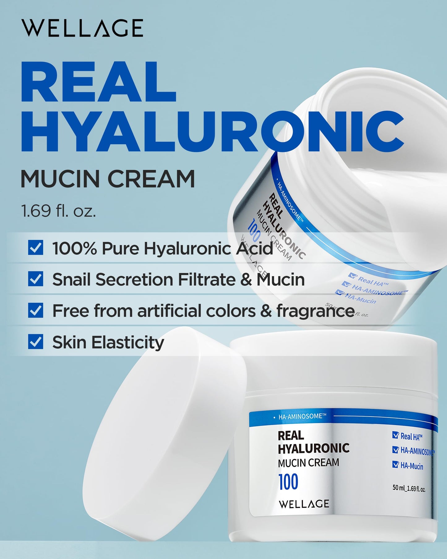 WELLAGE Real Hyaluronic Mucin Cream - Korean Skincare Daily Face Gel Moisturizer with Pure Hyaluronic Acid and Snail Mucin for Ultimate Hydration and Elasticity, All Skin Types, 1.69oz