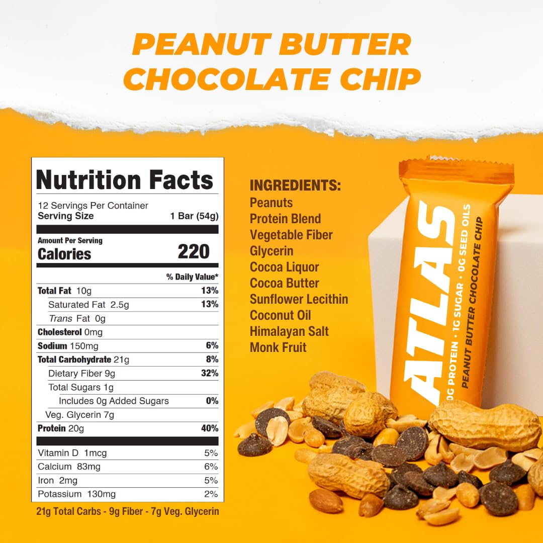 Atlas Real Food Protein Bar – 20g Protein, 10g Fiber, 1g Sugar, No Seed Oils, No Artificial Sweeteners (Variety, 4 Count)