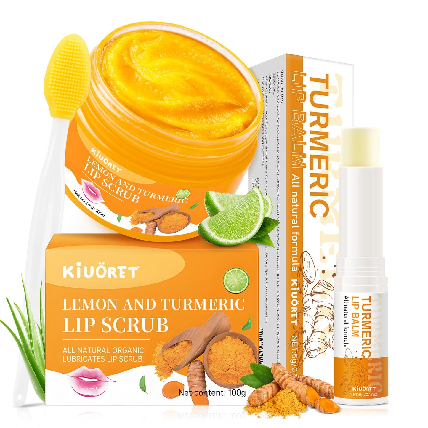 Turmeric Lemon Lip scrub & Turmeric Lip Balm with Brush Set 3PCS - Lips Scrubber Exfoliator for Dark Lips, Reduces Fine Lines Lip - Hydrating & Smooth Cracked, Dull, Dry