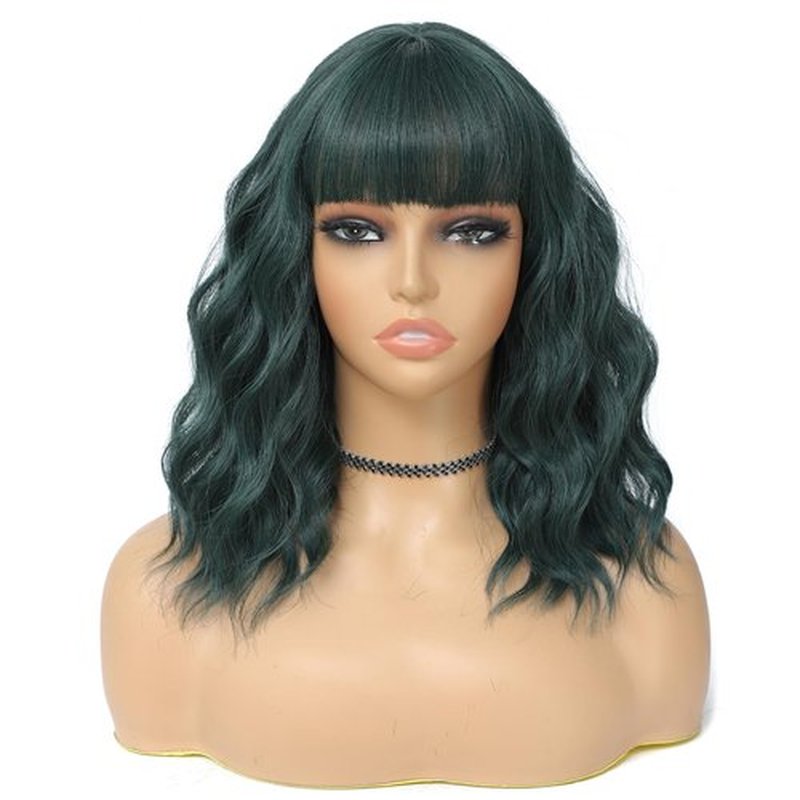 BEAUTIFA Dark Green Wig with Bangs for Women 14 Inch Shoulder Length Green Wigs Short Bob Wavy Curly Wig Heat Resistant Synthetic Colorful Wig