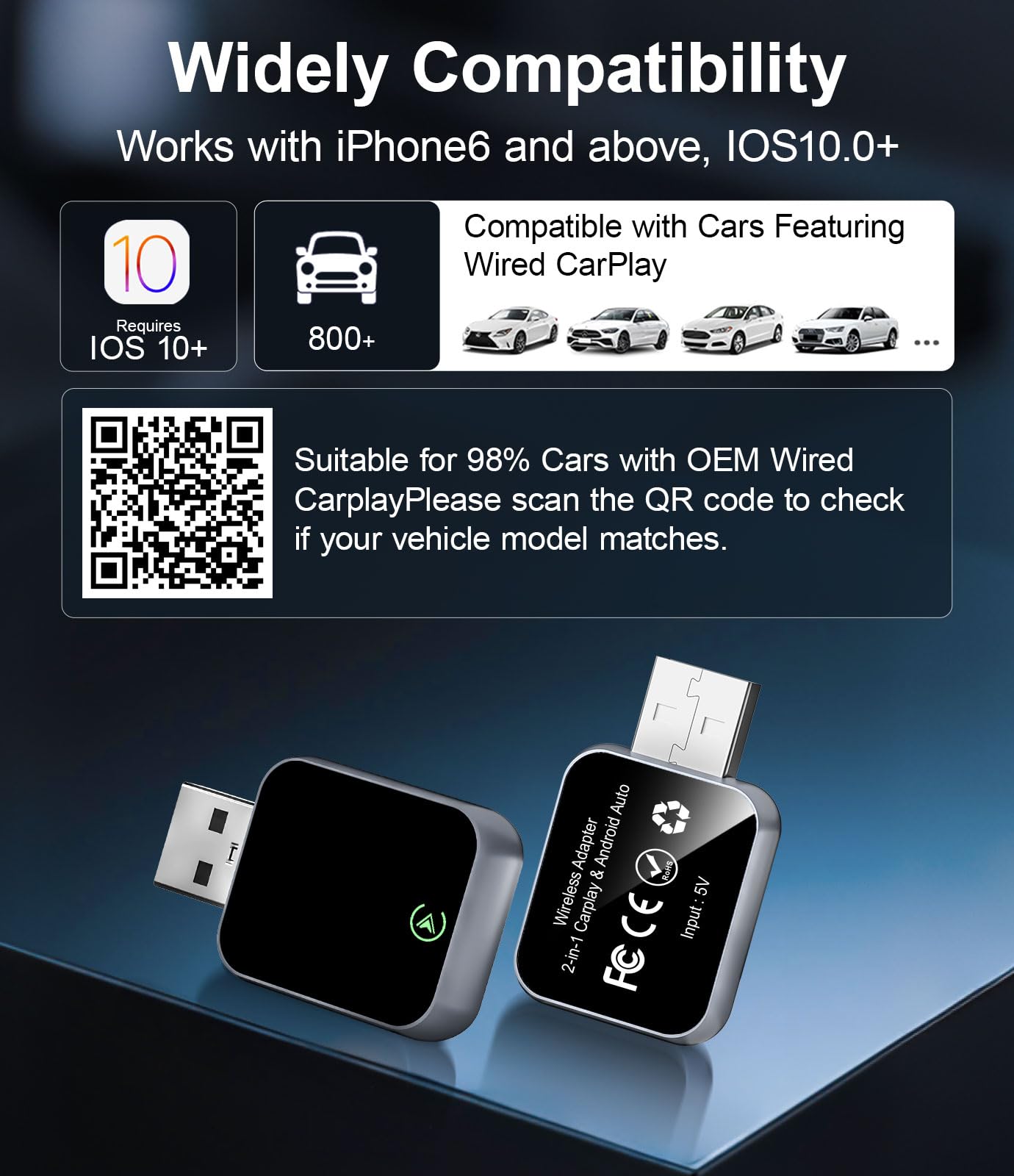 Enhanlife Wireless CarPlay Adapter for iPhone - No Audio Lag, Auto-Connect - Convert Factory Wired to Wireless CarPlay - Bluetooth 5.3 & 5GHz Wi-Fi - Plug & Play (Includes USB A/C)