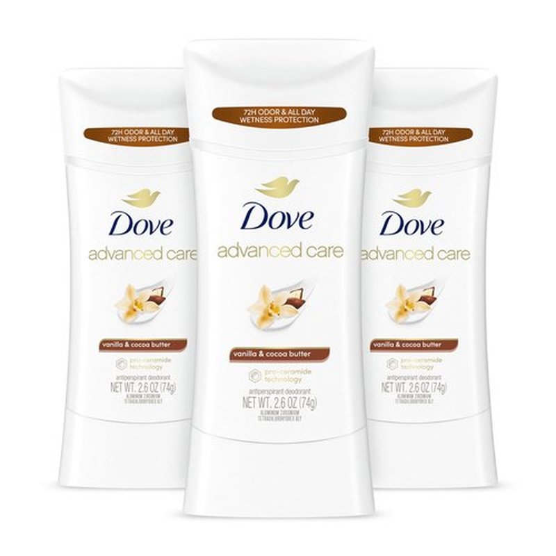 Dove Advanced Care Antiperspirant Deodorant Stick Vanilla & Cocoa Butter 3 Count Antiperspirant deodorant with Pro-Ceramide Technology 72-hour odor control and all-day sweat protection 2.6 oz