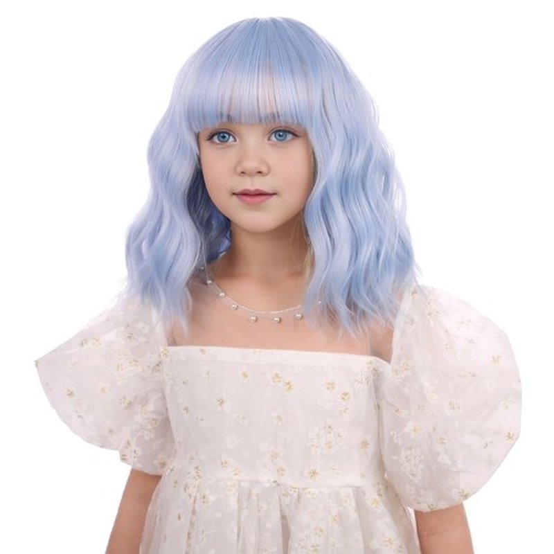 DUDUWIG Kids Light Blue Wig Girls Short Bright Blue Wavy Curly Wig Short Blue Wig with Air Bnags for Child Heat Resistant Synthetic Wig with Wig Cap