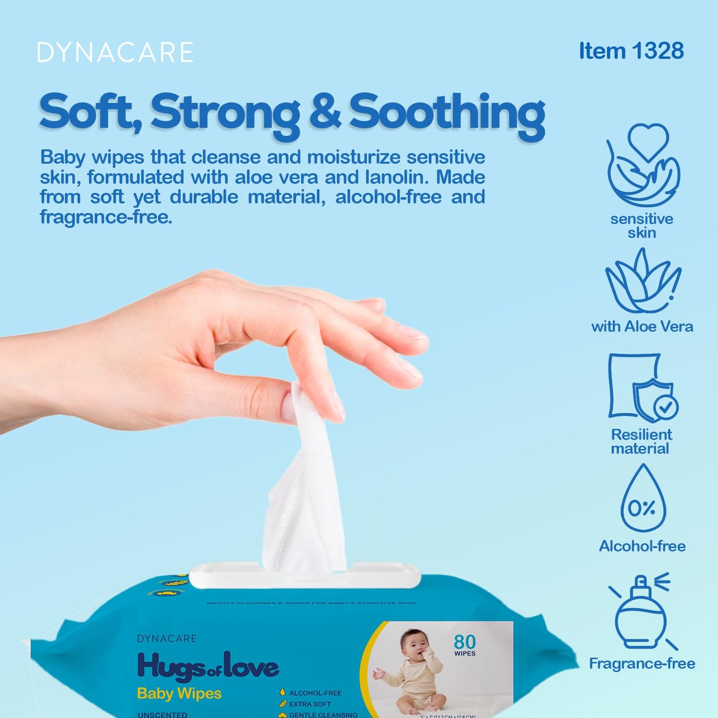 Dynarex DynaCare Hugs of Love Baby Wipes - Unscented - Alcohol-Free Wipes with Aloe & Lanolin, Safe for Sensitive Skin - 80 Wipes per Flip-Top Soft Pack