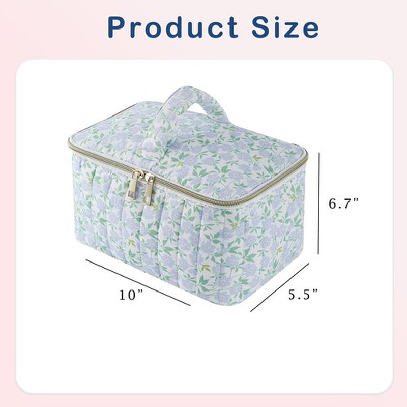 uekeboag Large Travel Quilted Makeup Bag for Women, Floral Cotton Cosmetic Bag, Coquette Aesthetic Floral Toiletry Organizer Bag(09Green Leaves