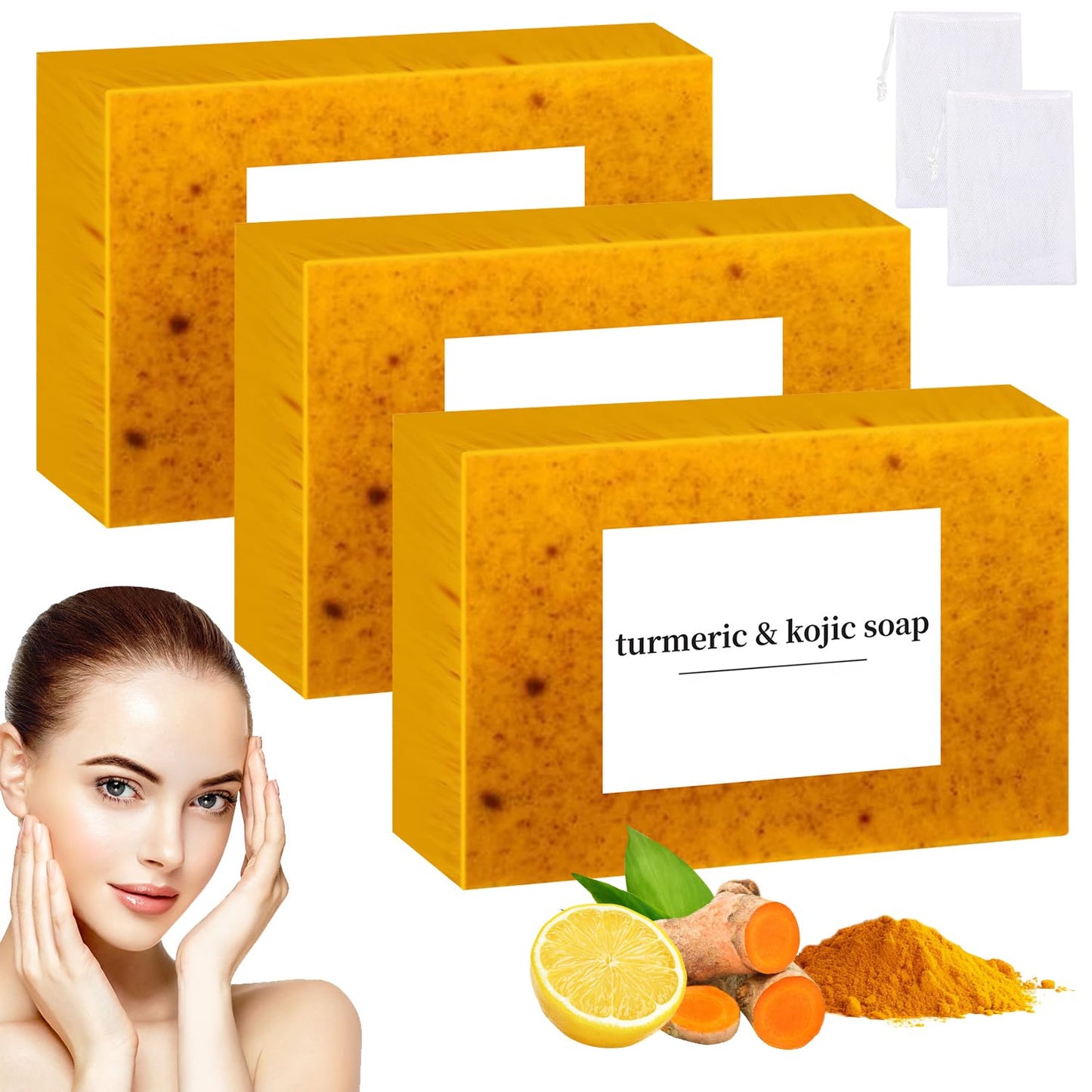 COLOTTE Lemon Turmeric Kojic Soap,Natural Handmade Soap,Turmeric Soap Bar for Face and Body, Smooth Skin Tumeric Soaps,Deep Cleansing Soap for Men & Women (3)
