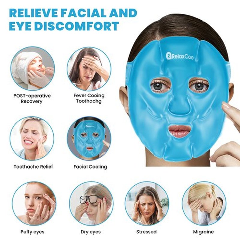 RelaxCoo Cold Face Eye Mask Ice Pack Reduce Face Puff,Dark Circles,Gel Hot Cold Compress,Face SPA for Woman Sleeping, Pressure, Headaches, Skin Care， Blue