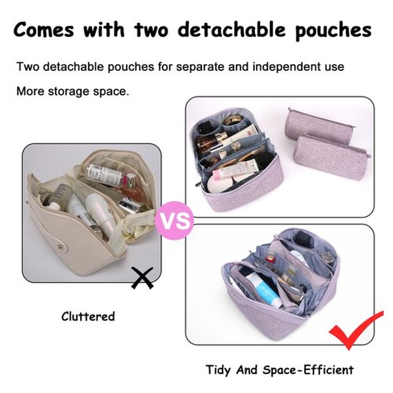 Travel Makeup Bags Cosmetic Organizer Bag: 3-Set Large Capacity Make up Bag - PU Leather Toiletry Bag for Women - Wide Open Portable Pouch with Divider & Handle (02-Z-Violet)