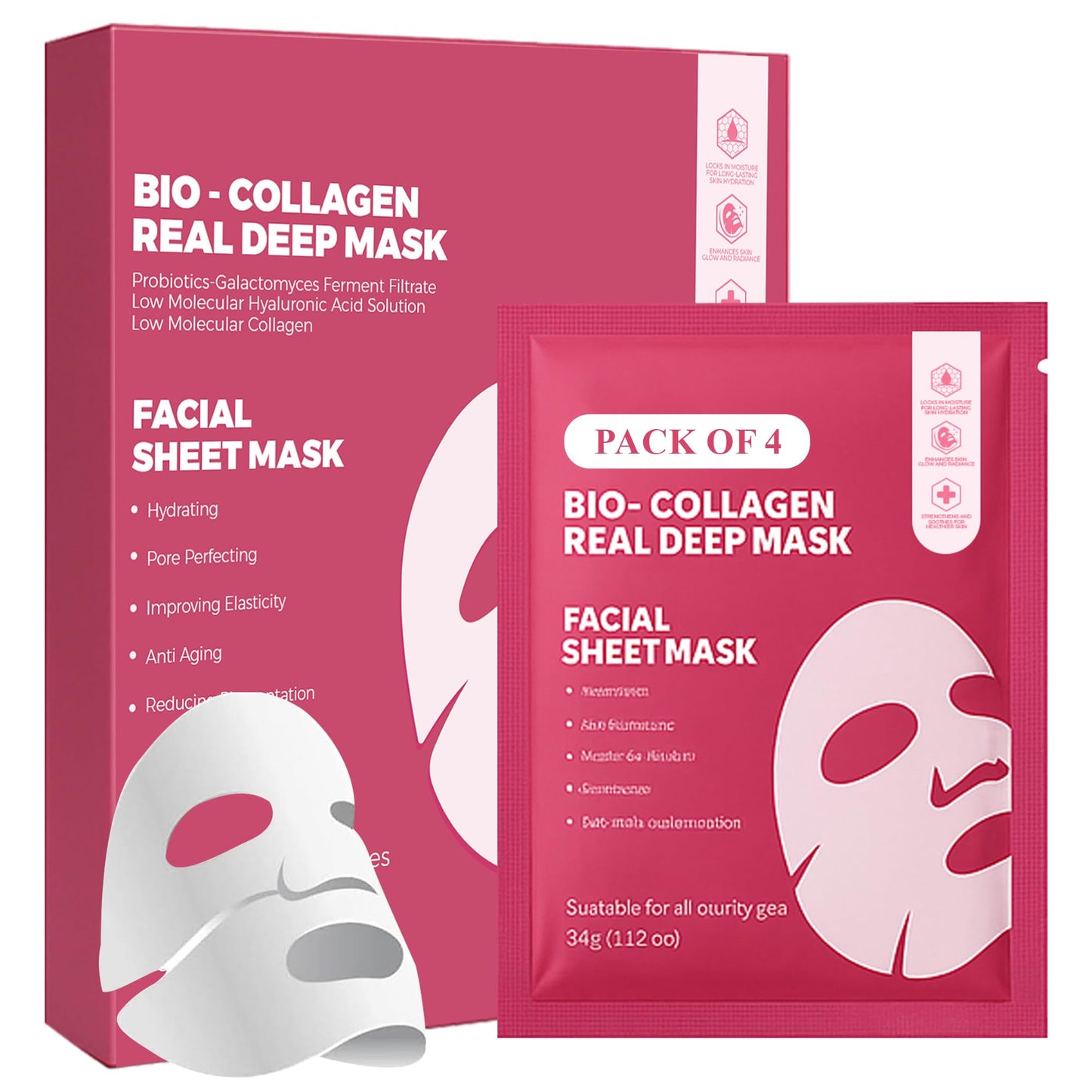 BeautiQueoos Bio Collagen Face Mask - Real Masks Deep Hydration, Reduce Wrinkles, Night Treatment Pore Minimizing Moisturizing Korean Skincare,34g x4ea