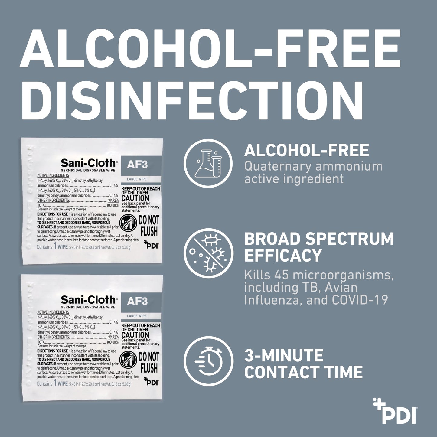 Sani-Cloth AF3 Large 5" x 8" Individual Packets, Alcohol and Fragrance Free Surface Disinfection, 1 Box of 50 Packets