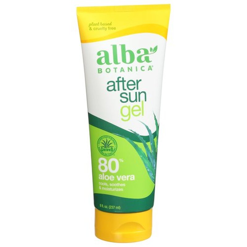 Alba Botanica Aloe Vera Gel for Skin, Cooling After Sun Treatment for Face and Body, Made with Purity Certified 80% Aloe Vera Gel Formula, 8 fl. oz. Tube (Pack of 2)
