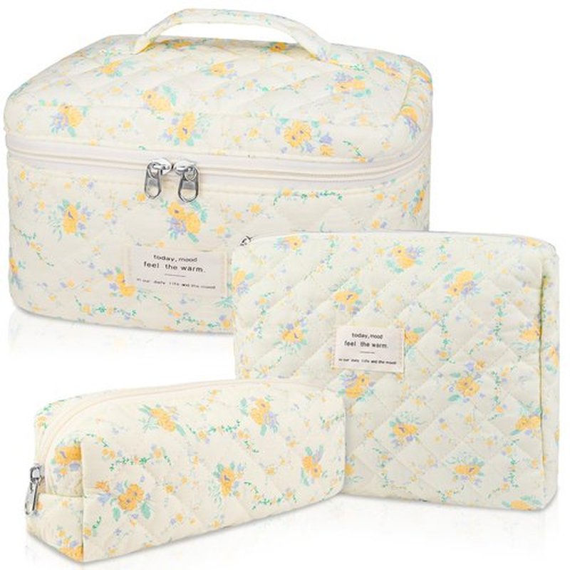 Makeup Bag Set, Quilted Makeup Bag, Large Floral Cosmetic Bag for Women, Cute Cotton Makeup Bag, Flower Travel Toiletry Organizer Bag (Yellow Daylily)