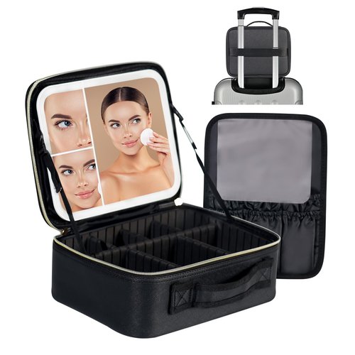 VANMRIOR Travel Makeup Bag with LED Lighted Make up Case with 3X 5X Magnification Mirror Cosmetic Makeup Box Organizer Vanity Case for Women Beauty Tools Accessories Case Rechargeable
