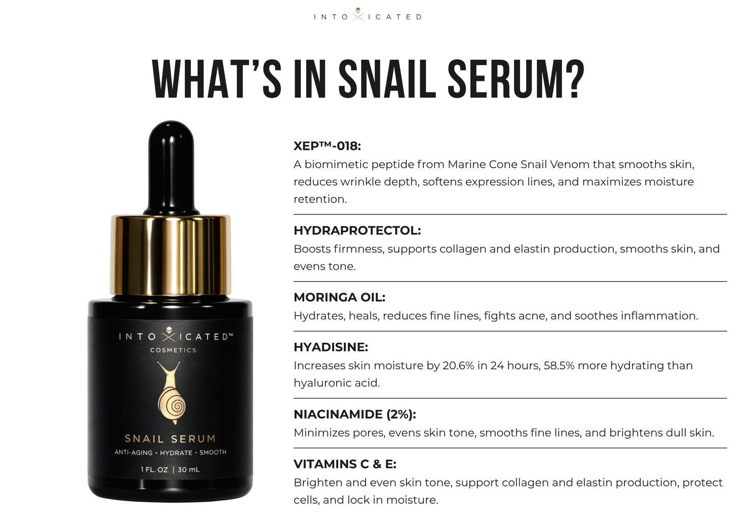 Intoxicated Cosmetics Snail Serum - Luxurious Anti-Aging Skin Care with XEP-018 and Hyaluronic Acid for Extreme Lifting, Hydration and Regeneration