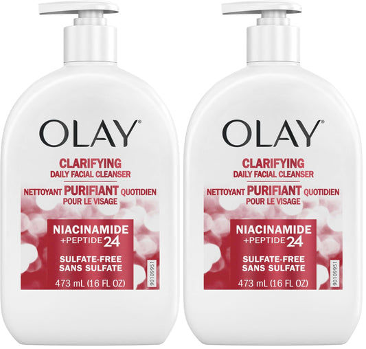 Olay Face Wash,Daily Facial Cleanser with Niacinamide,Peptides & Glycerin - Clarifying,Refreshes Skin Surface,Refines Appearance of Pores - Sulfate-Free,Paraben-Free,Oil-Free,16 Oz,(Pack of 2)