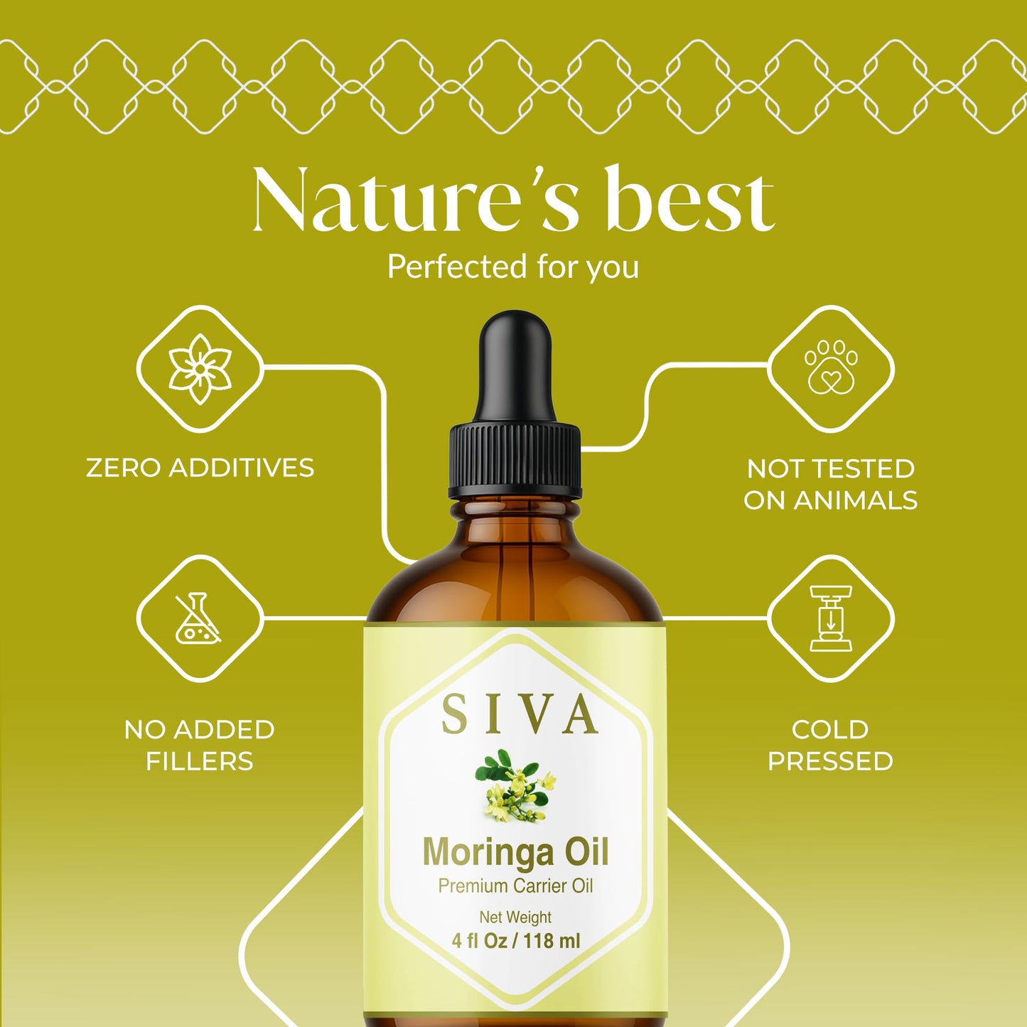 SIVA Moringa Carrier Oil 4oz (118 ml) Premium Cold-Pressed 100% Natural Carrier Oil With Dropper For Skin Care, Hair Care, Scalp Massage & Body Massage