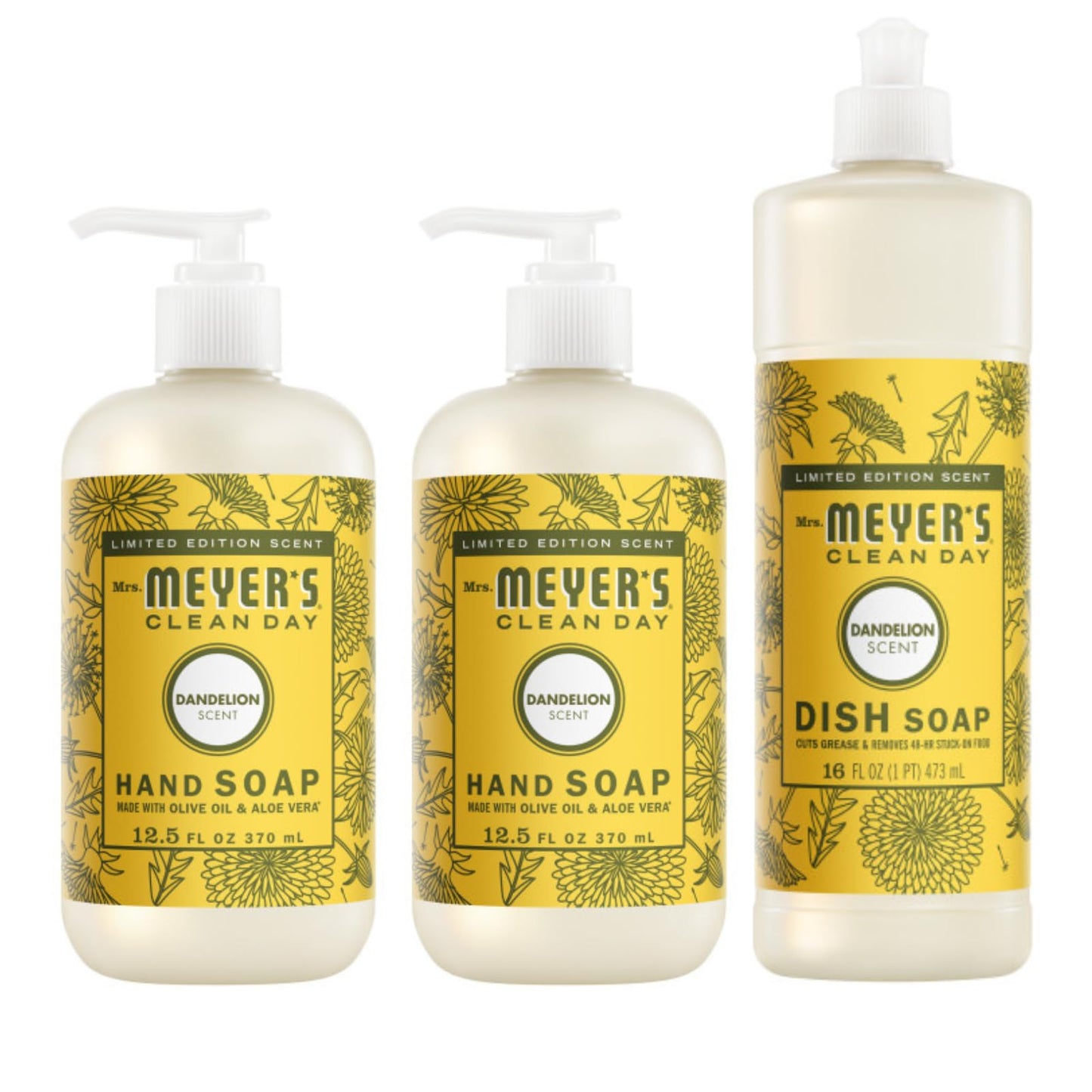 Mrs. MEYER'S Clean Day Dandelion 3 Pack Bundle, Liquid Hand Soap 12.5 OZ (2), Liquid Dish Soap 16 FL OZ (Variety Pack)