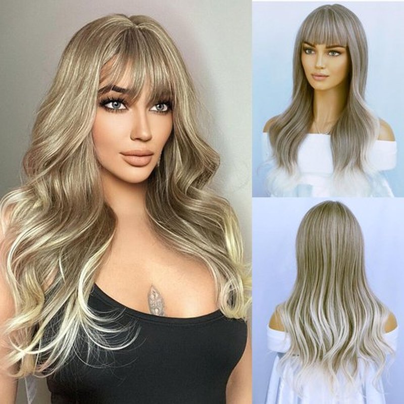 BERON Blonde Brown Long Wigs Women Wavy Wig with Bangs 28 Inches Curly Synthetic Wigs for Cosplay Party Wigs Wig Cap Included