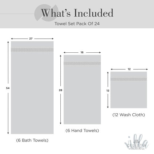 Villa Celestia 100% Cotton Bath Towel Set of 24-6 Bath Towels, 6 Hand Towels, 12 Wash Cloths, Sustainable, Soft, Highly Absorbent, Combed Cotton 24 Piece Set for Hotels, Spa, Bathroom, Dorm, White