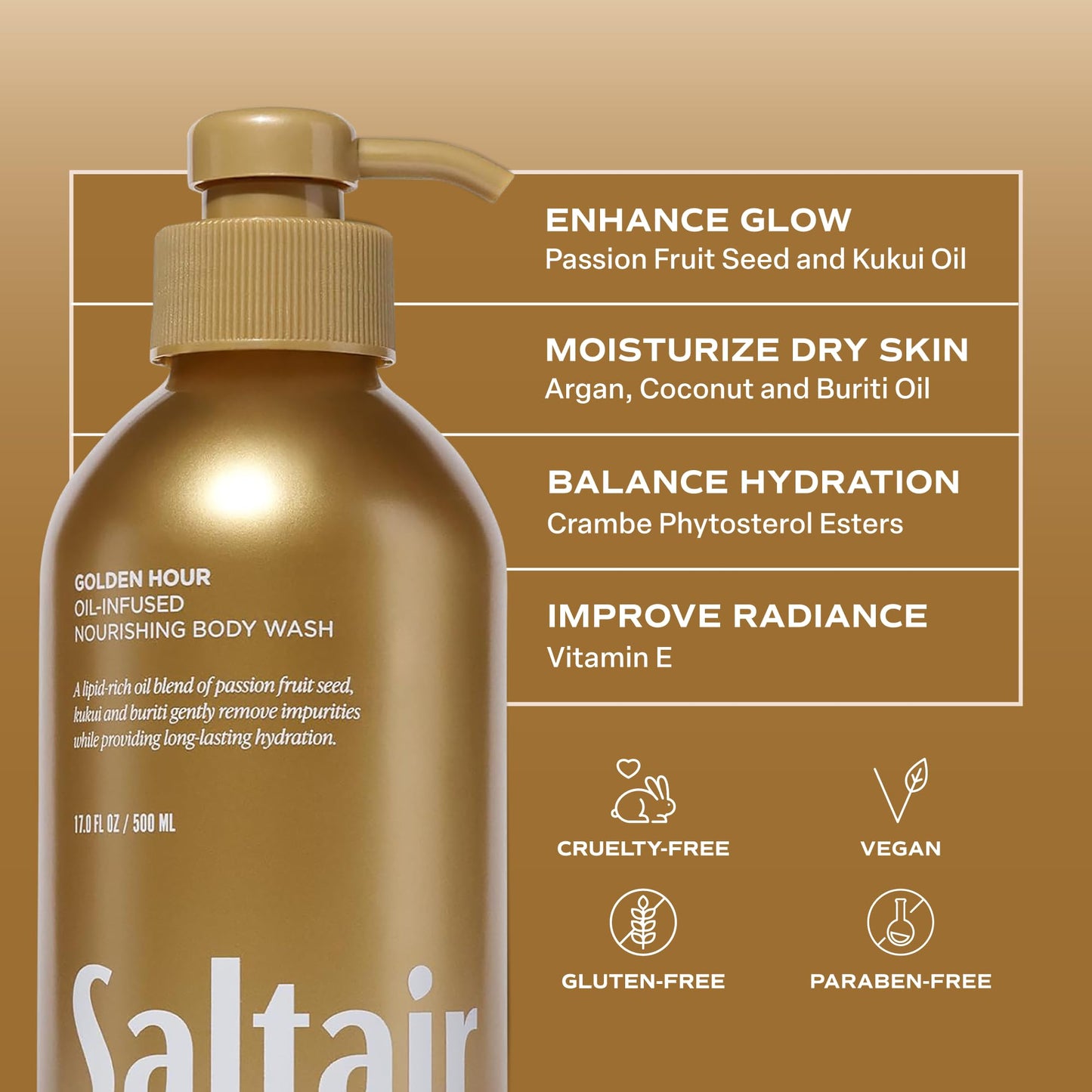 Saltair Body Wash 2-Pack – Moisturizing Body Wash with Vitamin E & Hydrating Oil Blend – Scented Shower Gel for Women and Men – Golden Hour Scent, 2x 17oz – Vegan, Cruelty-Free, Paraben-Free