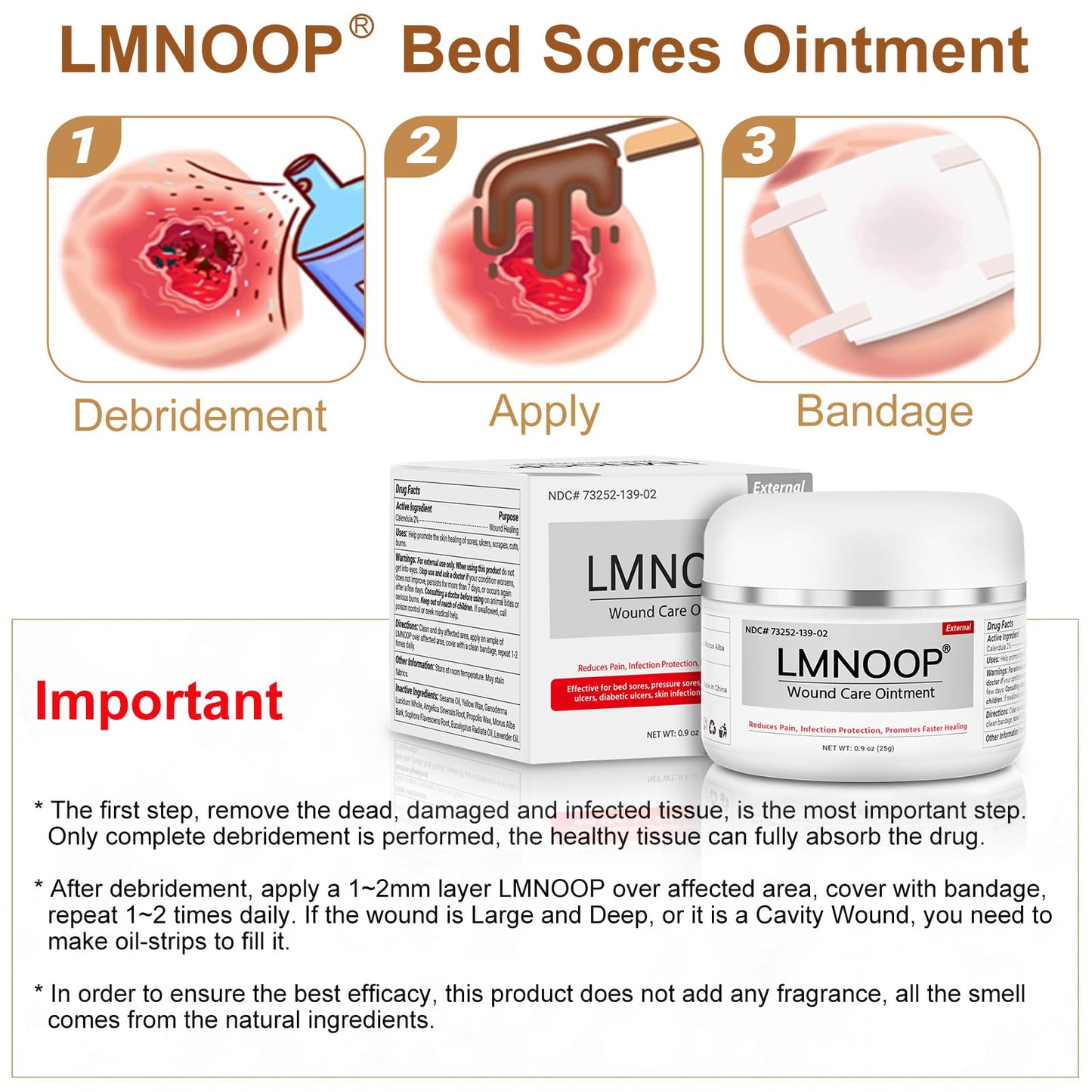 LMNOOP Bed Sore Cream, Organic Bedsore Ointment, Bed Sores Treatment, Fast Wound Healing & 24 hr Infection Protection Wound Care Ointment for BedSores, Pressure Sores, Diabetic & Venous Ulcers