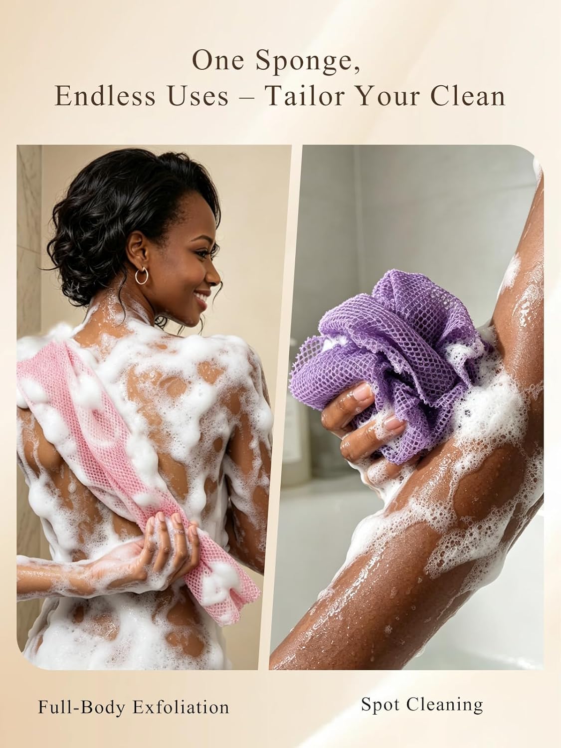 African Exfoliating Net Sponge - 4 Pack Authentic Body & Back Scrubber | Extra Long Bath Cloth for Smooth Skin