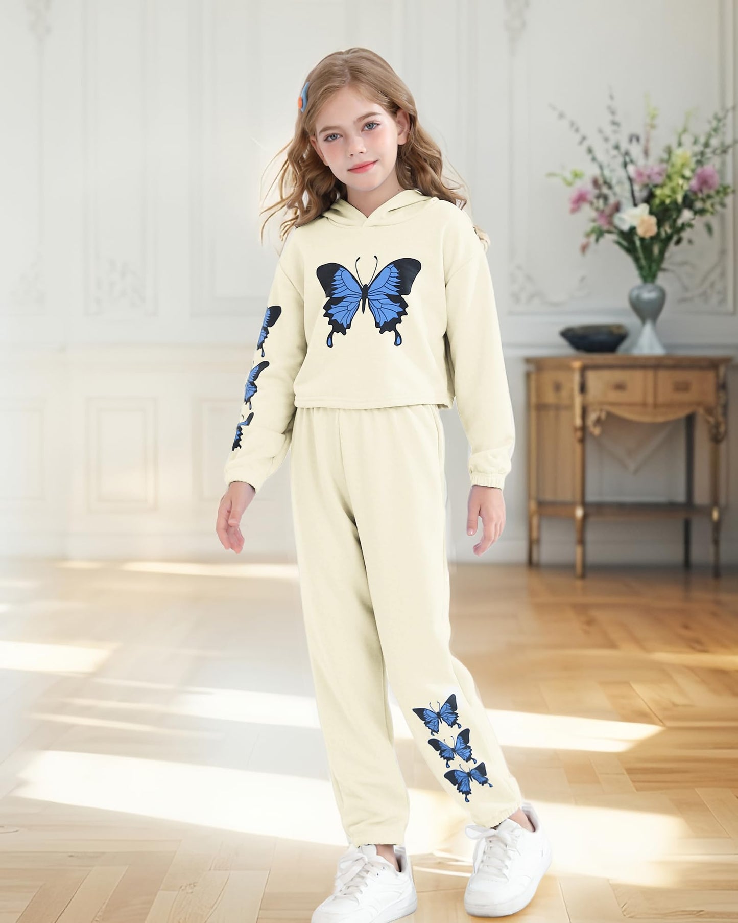 YOURUIKEY Girls' Clothing Set Butterfly Print Crop Top Hoodies Sweatpants 2 Piece Outfits Kids Sweatsuit Tracksuit Jogger Set