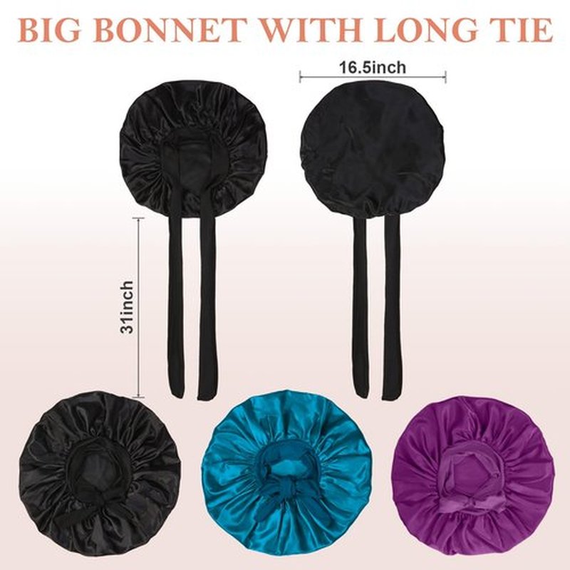 3Pcs Bonnet Silk Bonnet for Sleeping, Satin Bonnet for Sleeping Hair Bonnets for Sleeping Black Curly Hair Women Extra Large Jumbo Bonnet with Tie Band Braids (Black+Peacock Blue+Purple) shower cap