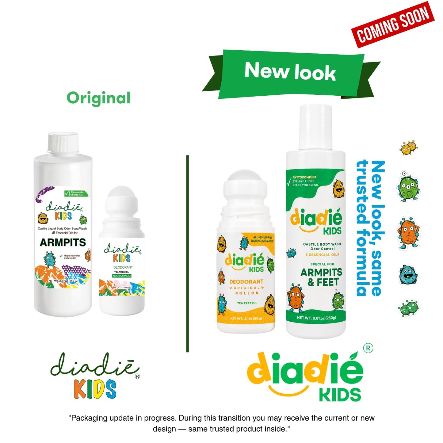 Diadié Kids Natural Mix pack Natural deodorant rollon and a Castile Liquid Body Odor Soap/Wash, For Armpits, feets, body odor protection, 5 Essential Oils, 2 Pack
