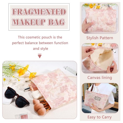 ZLFSRQ Flower Makeup Bag Travel Cute Floral Cosmetic Bags for Women Large Makeup Pouch Zipper Cosmetic Pouch for Purse Aesthetic Embossed Pink Makeup Organizer Bag Portable Toiletry Bag