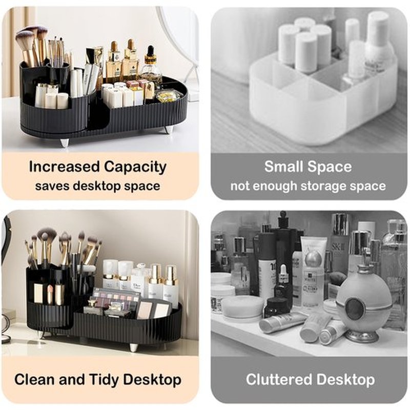 Rotating Makeup Organizer for Vanity with Brush Holder, Cosmetic Makeup Storage Organizer, Large Spinning Makeup Skincare Organizer, Countertop Makeup Perfume Organizer, Lotions Display Case (Black)