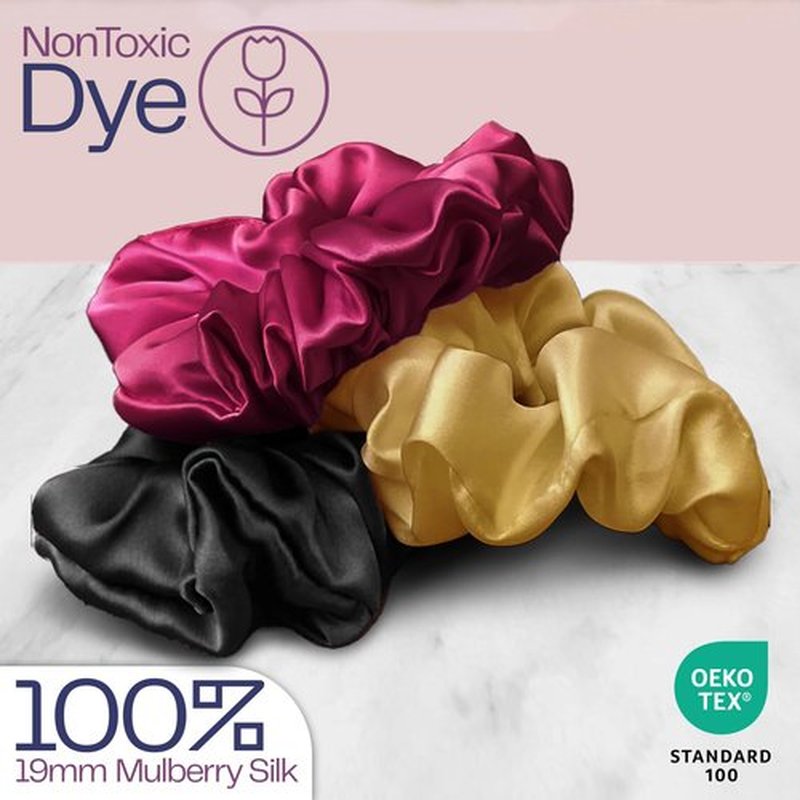 Celestial Silk Mulberry Silk Scrunchies for Hair (Gold, Black, Cranberry)