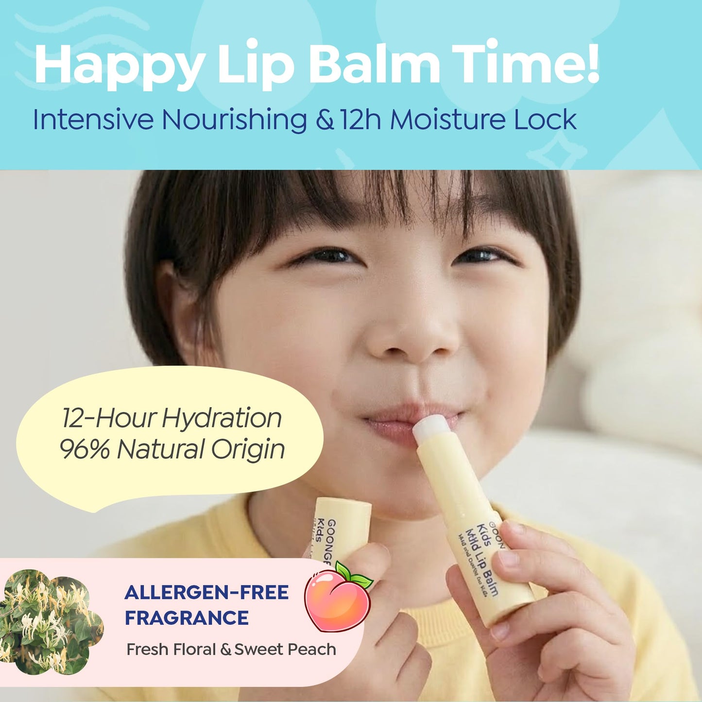 GOONGBE Kids' Moisture Lip Balm - Korean Kids Hydrating Lip Balm for Chapped and Cracked Lips - 12hr Moisturizing Non Oily Lip Care with Plant Oils and Shea Butter - Allergen Free Scent, 0.1 oz.