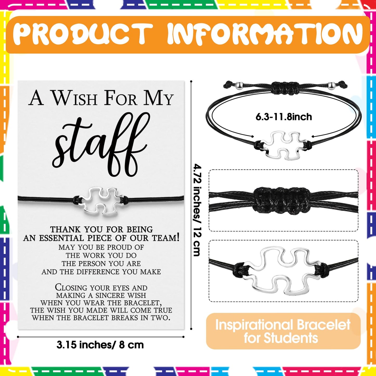 Huquary 20 Sets Staff Appreciation Gifts Cna Week Gifts Bulk 2026 Team Puzzle Piece Bracelet Bulk with Thank You Postcard a Wish for My Staff Inspirational Favors for Nurse, Coworkers, Students