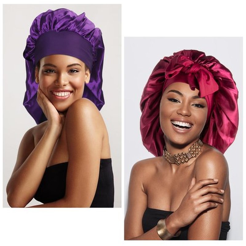 Arqumi Pack of 2 Satin Sleeping Bonnet, Large Satin Sleep Bonnet with Long Strap, Adjustable Sleep Cap Hair Bonnet for Women & Men, Purple+Red