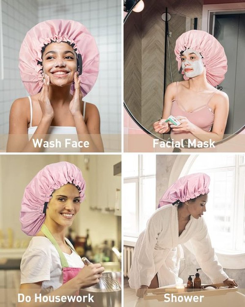 Aquior Shower Cap,Extra Adjustable Shower Caps for Women Double-Layer Waterproof Reusable Hair Cap, Large Size Hair Cap for All Hair,for Girls Spa Bath,Soft and Comfortable (Pink)