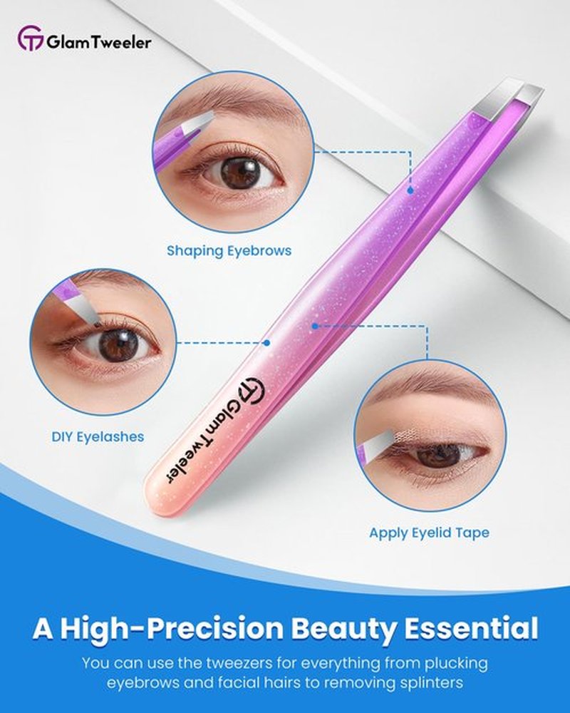Expert Slant Tip Tweezers with Leather Travel Case, GlamTweeler Sharp & Precision Stainless Steel Tweezer for Eyebrows, Facial Hair and Fine Hairs Removal (Sparkle Violet & Peach)