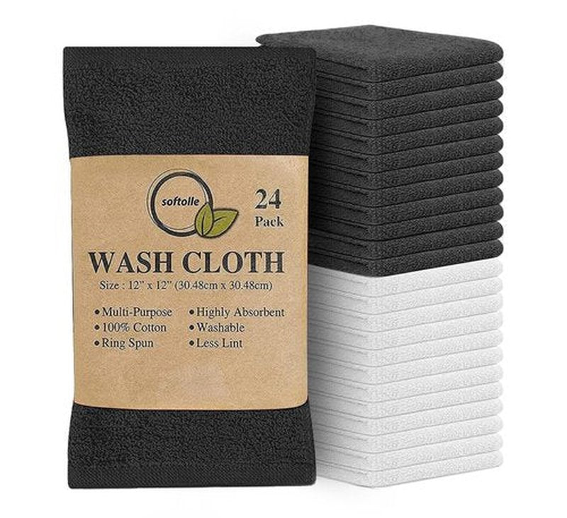 Softolle 100% Cotton Ring Spun Wash Cloths – Bulk Pack of Washcloths – 12x12 Inches – Wash Cloth for Face, Highly Absorbent, Soft and Face Towels (Grey/White, 24 Pack)