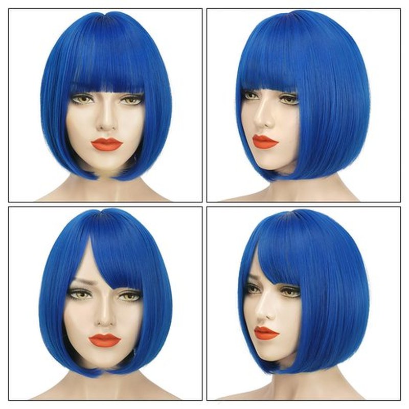 SOFEIYAN Short Straight Bob Wigs with Bangs 11 inch Synthetic Daily Party Cosplay Hair Wig for Black Women, Dark Blue