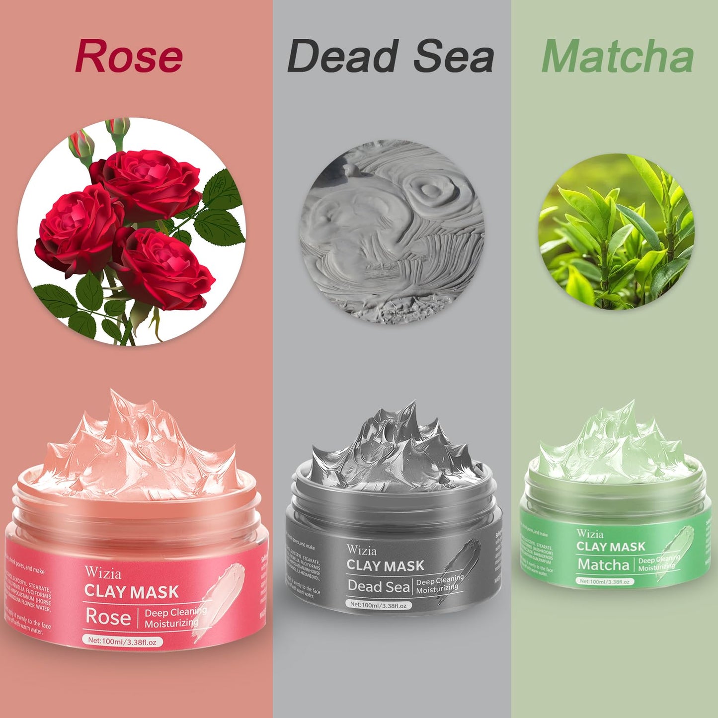 Wizia 3-Pack Clay Face Mask Set with Brush | Dead Sea Mineral, Green Tea & Rose Clay Masks | Deep Cleansing & Hydrating Facial Skincare Set for Women, Teens, All Skin Types