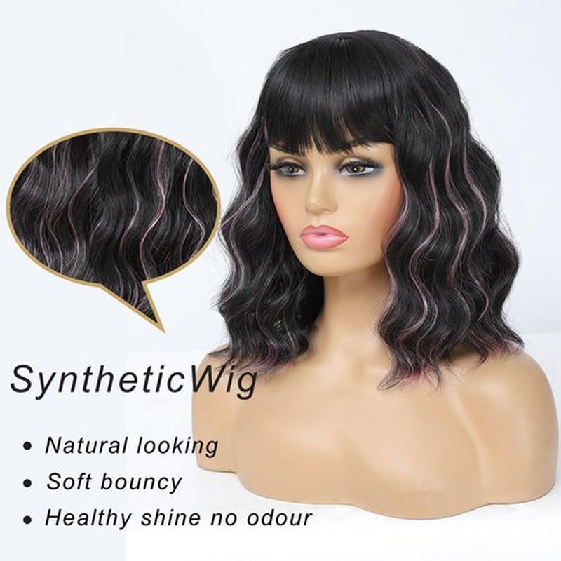 Amarlis Black Mix Pink Wigs for Women, 14 Inch Wavy Bob Wig with Bangs, Natural Looking Soft Heat Resistant Synthetic Fiber Wig for Daily Party Use